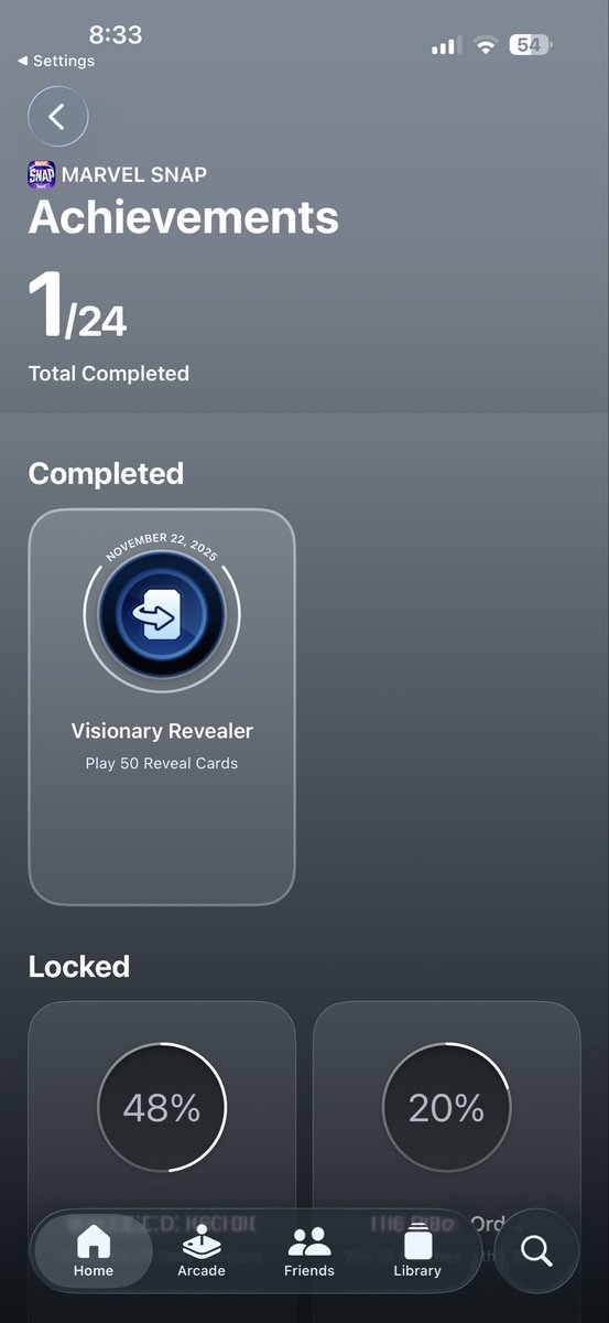 speedycjj's tweet photo. Tell me why Apple has achievements and can track your in-game progress but Marvel Snap still doesn’t have a feature like this implemented… We’re not asking for much. RIP original character mastery. https://t.co/YCiho94h7a