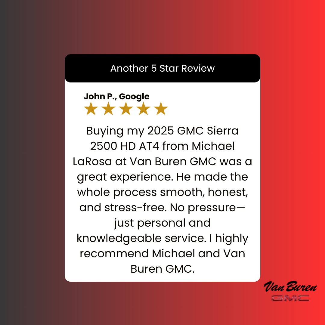 VanBurenAuto's tweet photo. Thank you, John! We’re thrilled to hear Michael made your Sierra 2500 HD AT4 purchase smooth and stress-free. We appreciate your recommendation! https://t.co/gPRX9hBoIo