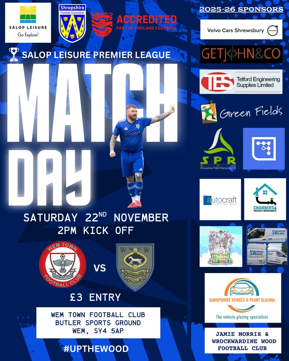 Matchday 1️⃣6️⃣

It’s Matchday! And today we’re making the trip across to Wem looking to keep our strong away form going.

🆚 Wem Town
🏟️ Butler Sports Ground
🕰️ 2pm KO
💷 £3 Entry
🍔 Refreshments Available 

Come and support the boys ⚽️

#UpTheWood 🪵💙