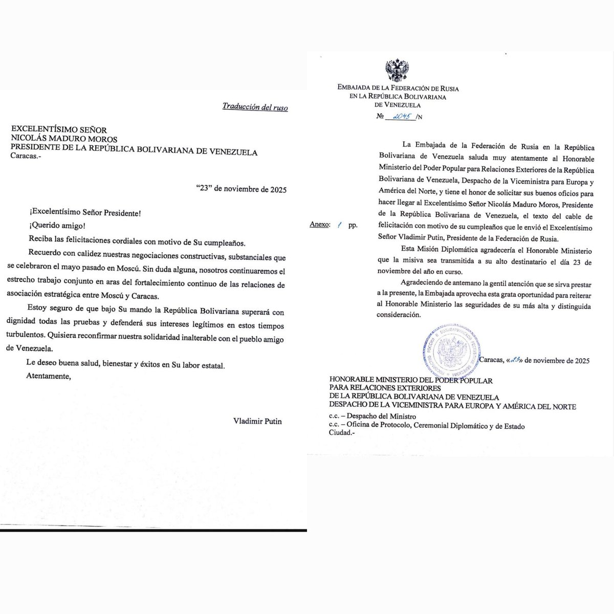Karenmendezl's tweet photo. Vladimir Putin envió carta a Nicolás Maduro para felicitarlo por su cumpleaños. Le dice:"Estoy seguro que bajo su mando, Venezuela superará con dignidad todas las pruebas y defenderá sus intereses legítimos en estos tiempos convulsos". También reafirmó su solidaridad inalterable https://t.co/oXTTX2XSnF