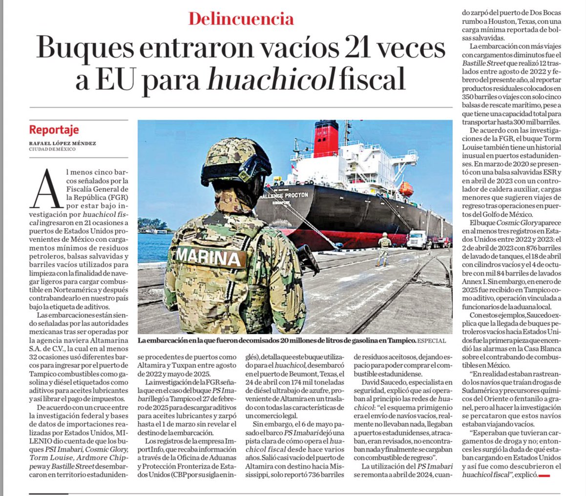 LuisCardenasMx's tweet image. 🚢 BUQUES VACÍOS ENTRARON 21 VECES A EU PARA HUACHICOL FISCAL

Una red criminal usó barcos procedentes de México para declarar cargas mínimas en puertos de Texas, abastecerse allá y reingresar al país contrabandeando combustible como “aditivo”.
La FGR investiga al menos 21…