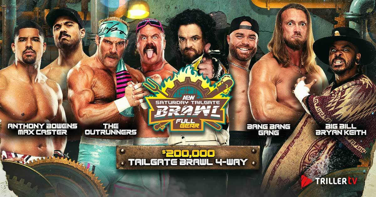 Triller_TV's tweet image. Get a taste of what&apos;s to come on AEW Full Gear with #AEWTailgateBrawl 🍽️

CMLL World Trios Championship

Boom &amp;amp; Doom vs RPG Vice

$200k Four Way Tag Match

Hook &amp;amp; Kingston vs The Workhorsemen

📺 TONIGHT | 00:00 GMT | Internationally on AEW Plus