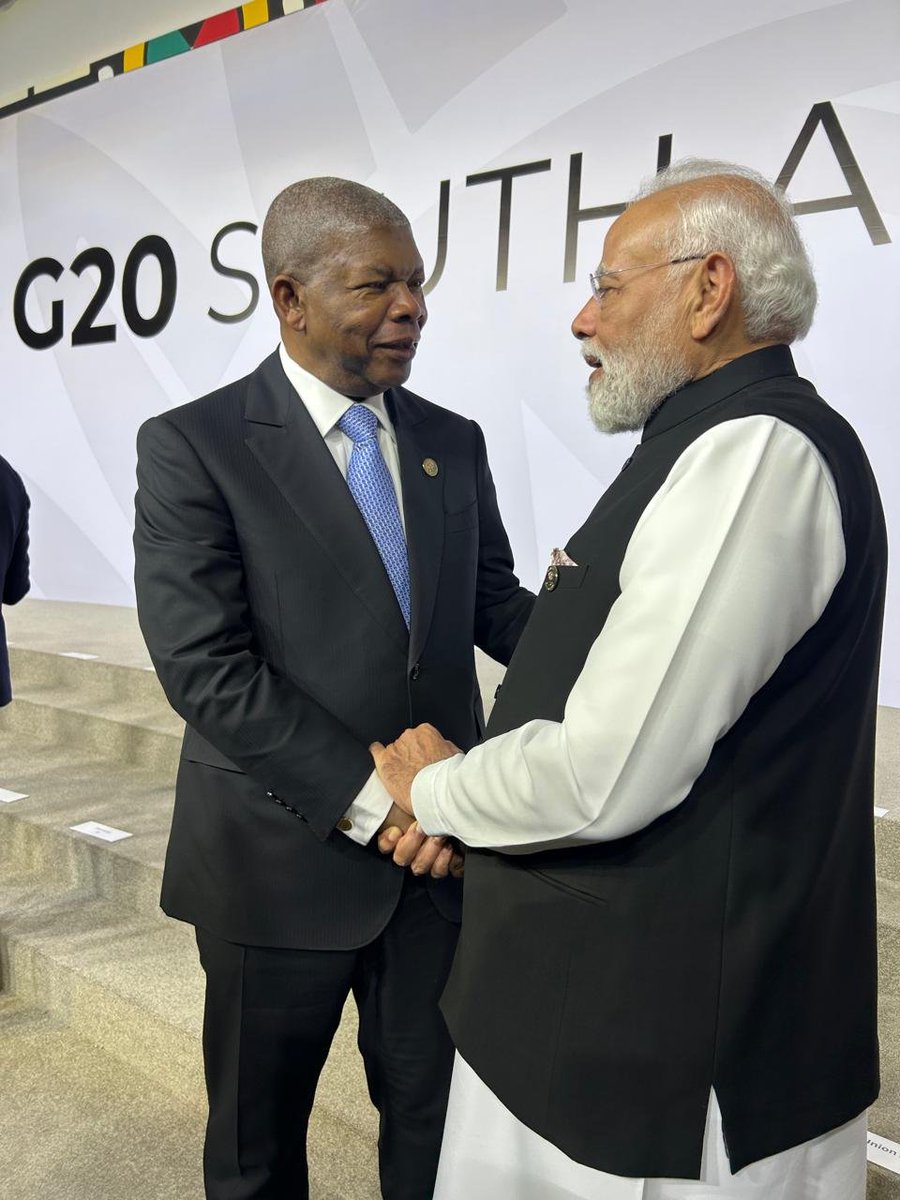 narendramodi's tweet image. Had a wonderful discussion with President João Manuel Gonçalves Lourenço of Angola, who is also the Chair of the African Union. Had the honour of welcoming him to Delhi earlier this year. India values the friendship with Angola and our nations are working closely to increase…
