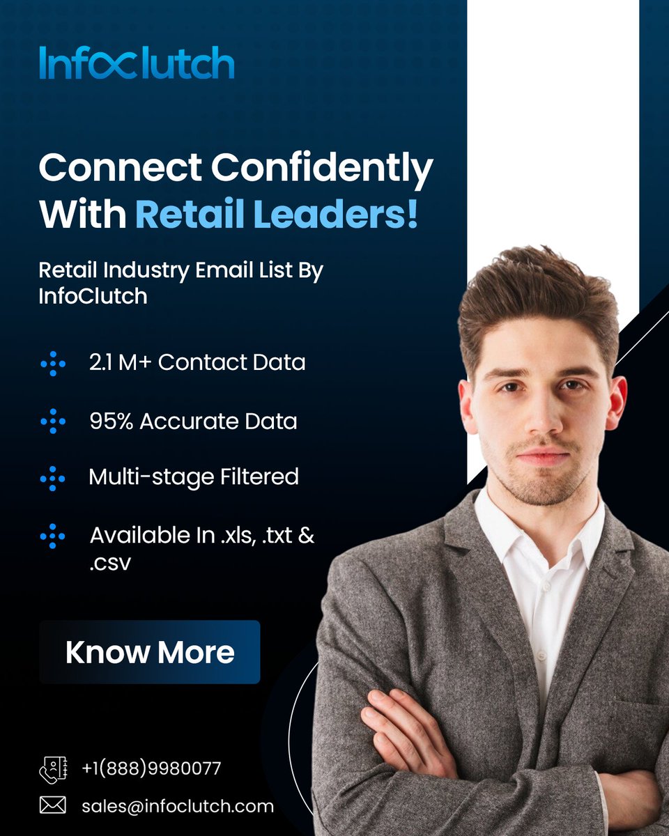 Connect directly with retail decision-makers! 🎯 Our meticulously curated email list gives you access to owners, managers, and executives. Precision outreach starts here. 
🔗 infoclutch.com/industry/retai…
#Retail #B2BData #RetailIndustry #InfoClutch #LeadGeneration #EmailListBuilding