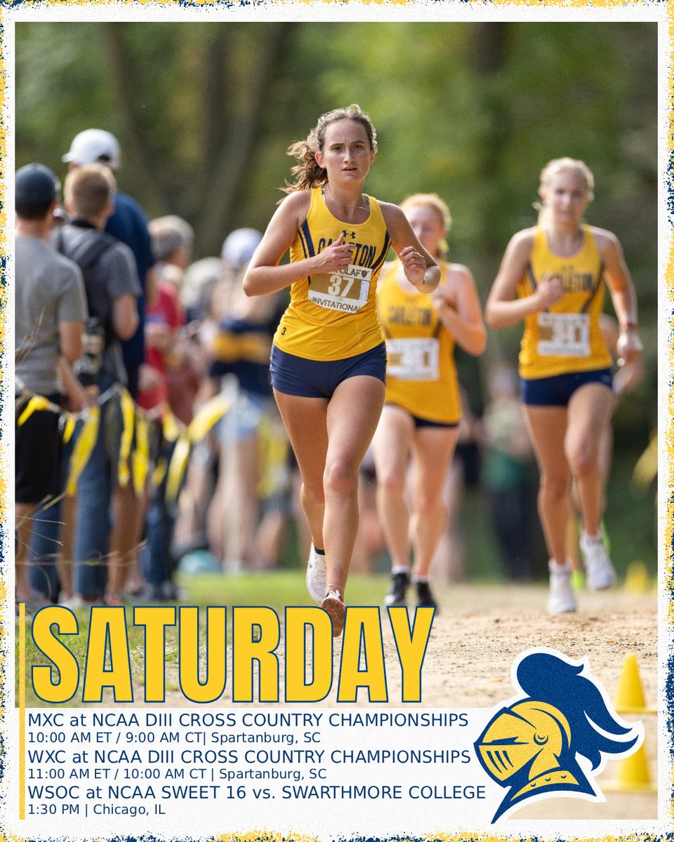 CarletonKnights's tweet image. 3 Knights teams head to NCAA competitions today! The men's and women's XC teams race in the NCAA DIII Championships, while the Knights Women's Soccer team heads to Chicago for round 3 of the NCAA Tournament! 
Live coverage: athletics.carleton.edu/coverage

#HailtheMaizeandBlue #ncaad3