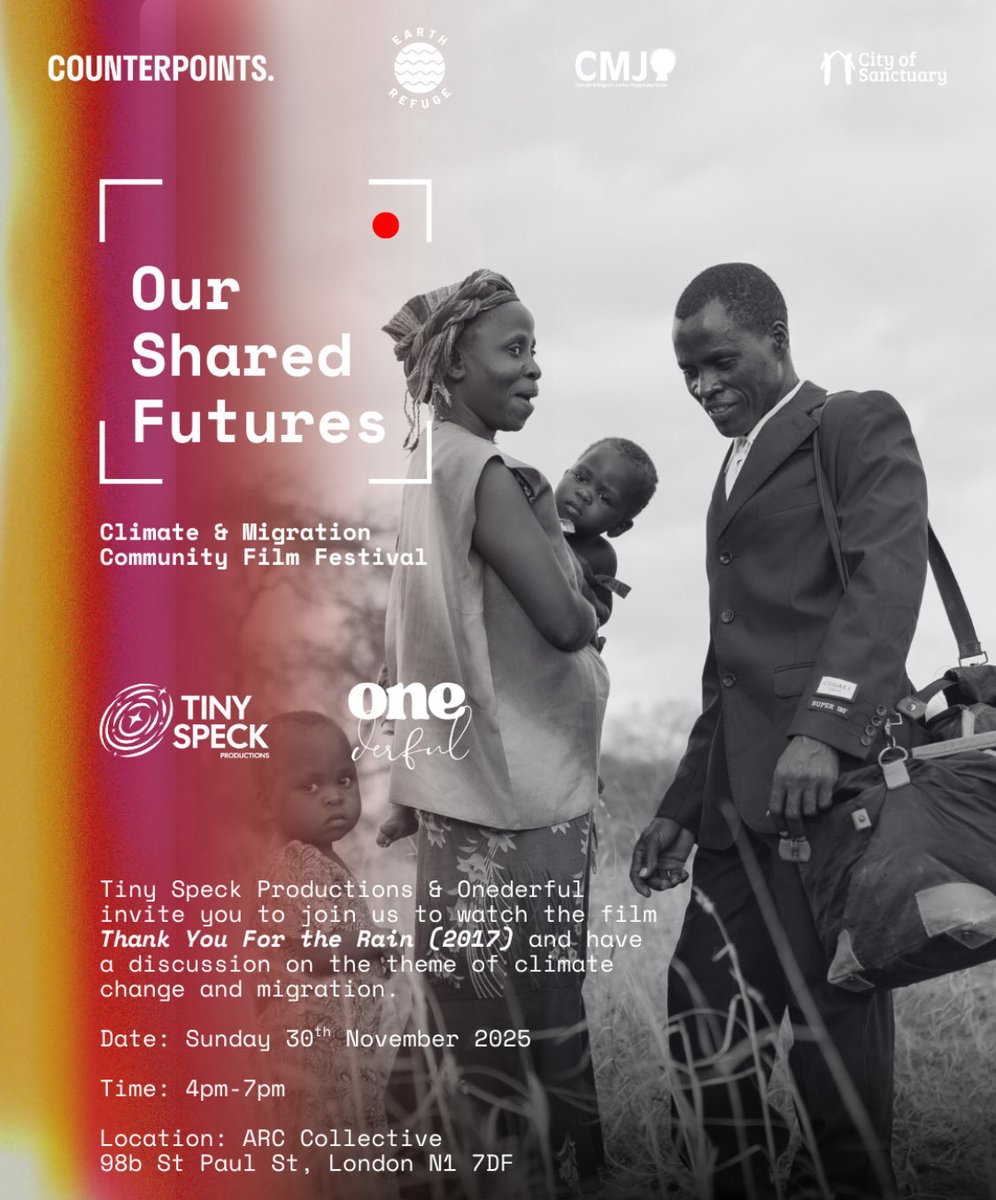 Free community screening and discussion on climate change and migration organised by Tiny Speck Productions &amp; Onederful!

When? 30th November from 4-7pm
Where? ARC Collective (Islington)
Link to tickets: eventbrite.co.uk/e/film-screeni…
