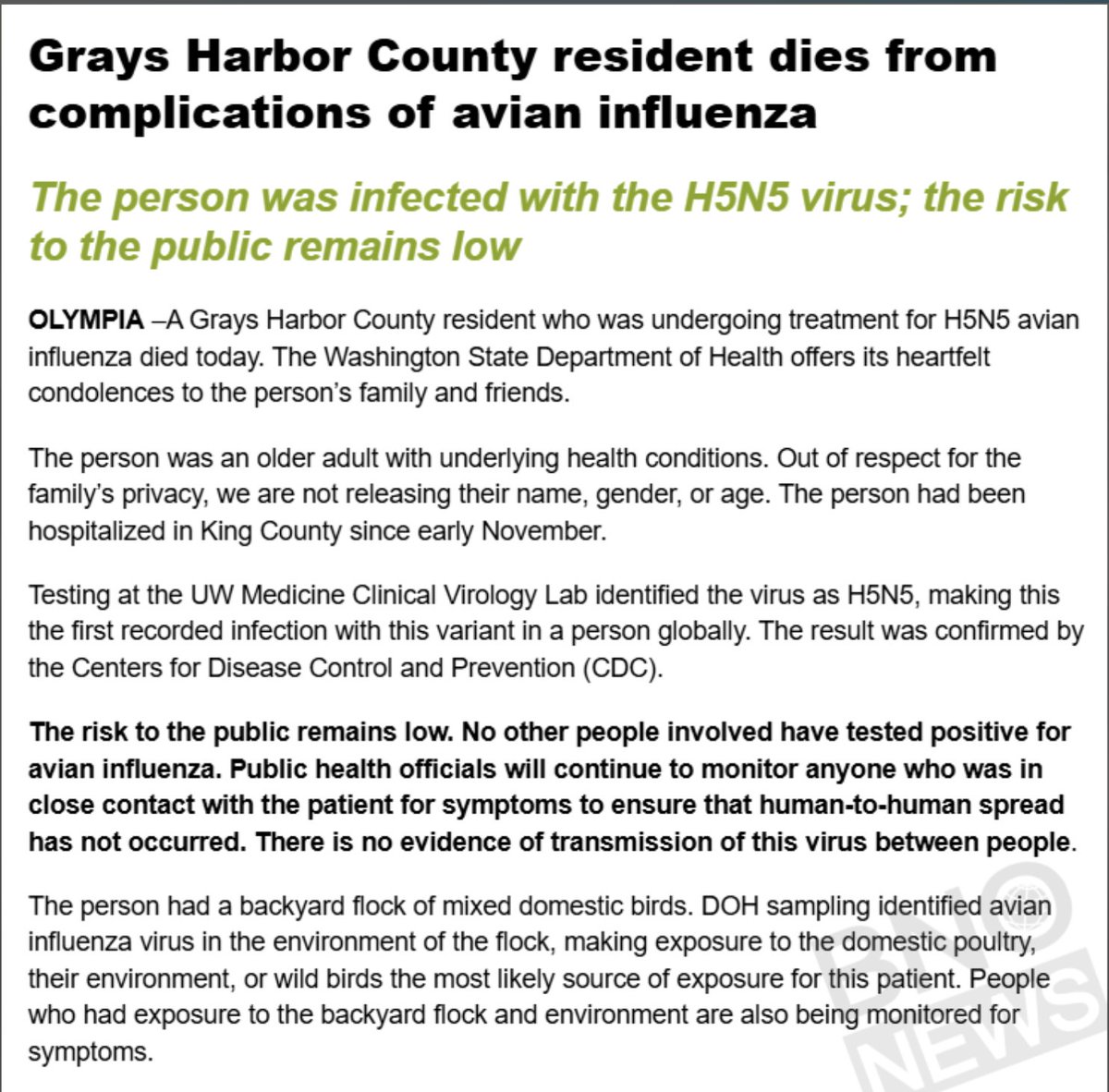 HelenBranswell's tweet image. A person in Washington State who kept backyard poultry has died from #H5N5 #flu. The person was the first known infection with this subtype of flu globally &amp;amp; the second recorded death in the US from an #H5 flu virus. Health authorities say there&apos;s no evidence the person spread…
