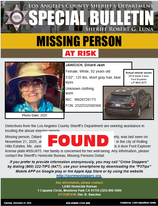 LASDHQ's tweet image. *UPD* #LASD is Advising At-Risk Missing Person, Dillard Jean Janicich Has Been Found - 
local.nixle.com/alert/12014559/