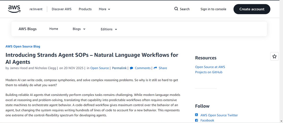 ilhamautomation's tweet photo. AI agents still brittle? 🧠
Strands Agent SOPs = natural language workflows in markdown so your agents follow clear, repeatable SOPs across tools & teams. Open source, backed by AWS.
Repo + blog 👇
https://t.co/ymI40NqMG3
https://t.co/VcOPVwaCQC
#AI #AIAgents #StrandsAgents #AWS #OpenSource #DevTools
