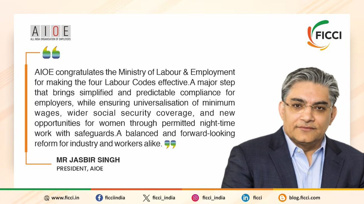 AIOE congratulates the <a href="/LabourMinistry/">Ministry of Labour & Employment, GoI</a> for making the four Labour Codes effective: AIOE President Mr Jasbir Singh.