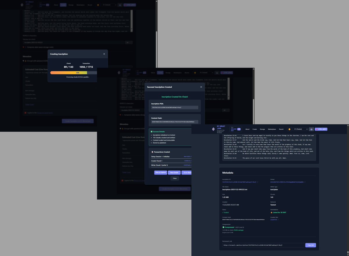 🚀 Just inscribed the entire American King James Bible on the #X1 Tesnet blockchain via X1Vault.com!

⌛️Uploaded in &lt;1 min using only 7 validators
🗜️ Optional compression 4.3MB → 1.25MB (70.8%)
⚡ Upload took: 1,715 txs (143 chunks)
💾 Fully on-chain &amp; immutable
💸