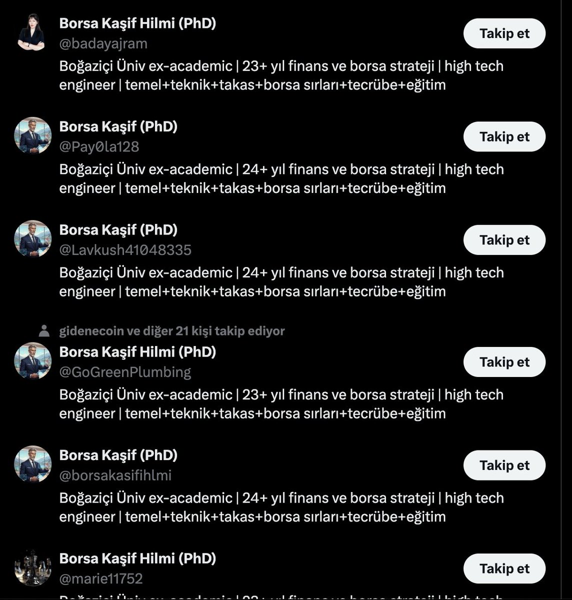 değerli dostlarım çok sayıda sahte hesap açıyorlar, mantar gibi türüyorlar, burası dışında bir hesabım yok, size DM atma veya birşey istemem söz konusu değil

sakın inanmayın ⚠️

aşağıdakilerin hepsi sahte, kullanıcı dikkatle bakınız