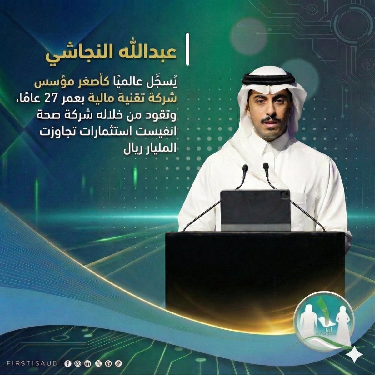 First1Saudi's tweet image. إنجاز سعودي جديد 🇸🇦
عبدالله النجاشي يُسجَّل عالميًا كـ &quot;أصغر مؤسس شركة تقنية مالية&quot; بعمر 27 عامًا، وتقود من خلاله شركة صحة انفيست استثمارات تجاوزت المليار ريال 🥇

#فخر_السعودية