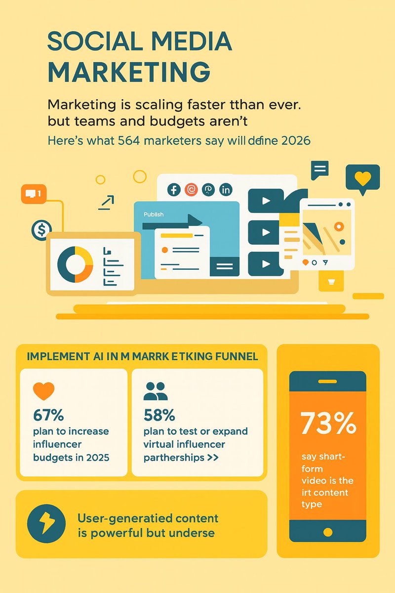 FoundLocalMktg's tweet image. Marketing is scaling fast, but teams &amp;amp; budgets aren’t.
AI boosts productivity, influencer budgets are rising, UGC is underused, and short-form video stays king.
2026 winners: AI-driven, video-first, creator-focused teams.
#SocialMediaMarketing #MarketingTrends #AIinMarketing #UGC