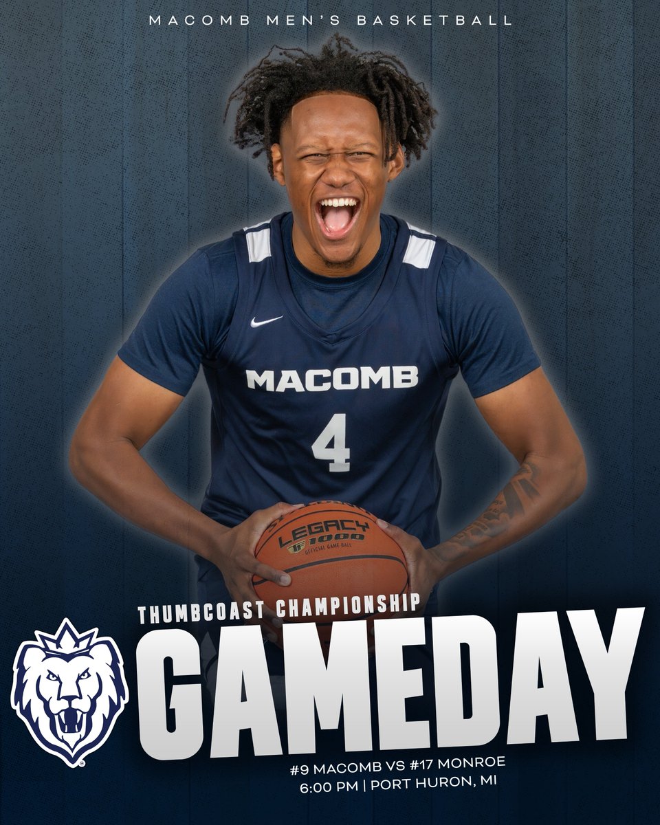 𝐓𝐡𝐮𝐦𝐛𝐜𝐨𝐚𝐬𝐭 𝐂𝐡𝐚𝐦𝐩𝐢𝐨𝐧𝐬𝐡𝐢𝐩

#9 <a href="/MacombMBB/">Macomb Men's Basketball</a> plays their third ranked opponent in as many days when they battle the #17 Tribunes for the SC4 Thumbcoast title!

🆚 #17 Monroe
🚐 400 Erie St., Port Huron
🕕 6 PM
📺 stream.prestosports.com/stclaircountycc
📊 mccaa.org/sports/mbkb/20…