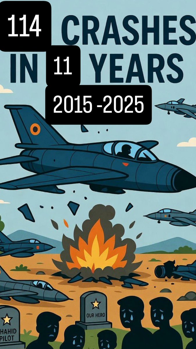 DevenderYadav_'s tweet image. Modi राज में पिछले 11 साल में 114+ विमान हादसे, 75 बहादुर बेटे शहीद हो गए😱

माँ ने कहा था “बेटा आसमान छूना”…
उसने छुआ भी,पर वो काबिल बेटे कभी लौटकर नहीं आए🥺

11 साल के अमृतकाल में में IAF ने विमान हादसों (fighters, trainers, helicopters, transport )में 114 विमान खोए, जो लगभग 6…