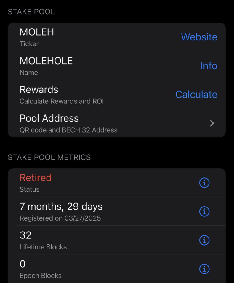 MOLEH Stake pool is retiring in epoch 597. All the best. 👋
