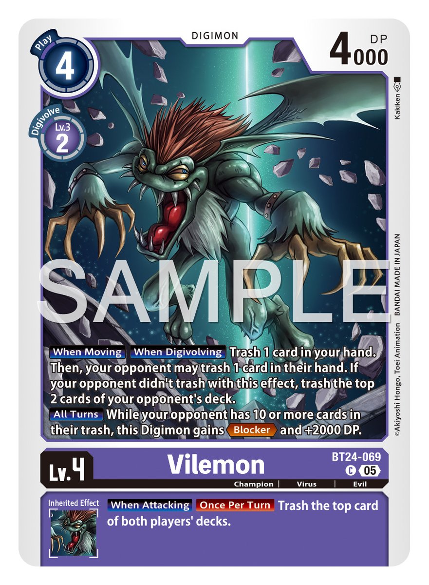 digimon_tcg_EN's tweet image. [Card Reveals]

Hello Digimon Tamers!
Today’s cards are [BT24-069 Vilemon] &amp;amp; [BT24-073 SkullSatamon]!

BOOSTER #TIMESTRANGER [BT-24]
In stores January, 2026!
world.digimoncard.com/products/pack/…

#DigimonCardGame
#DigimonTCG
#Digimon