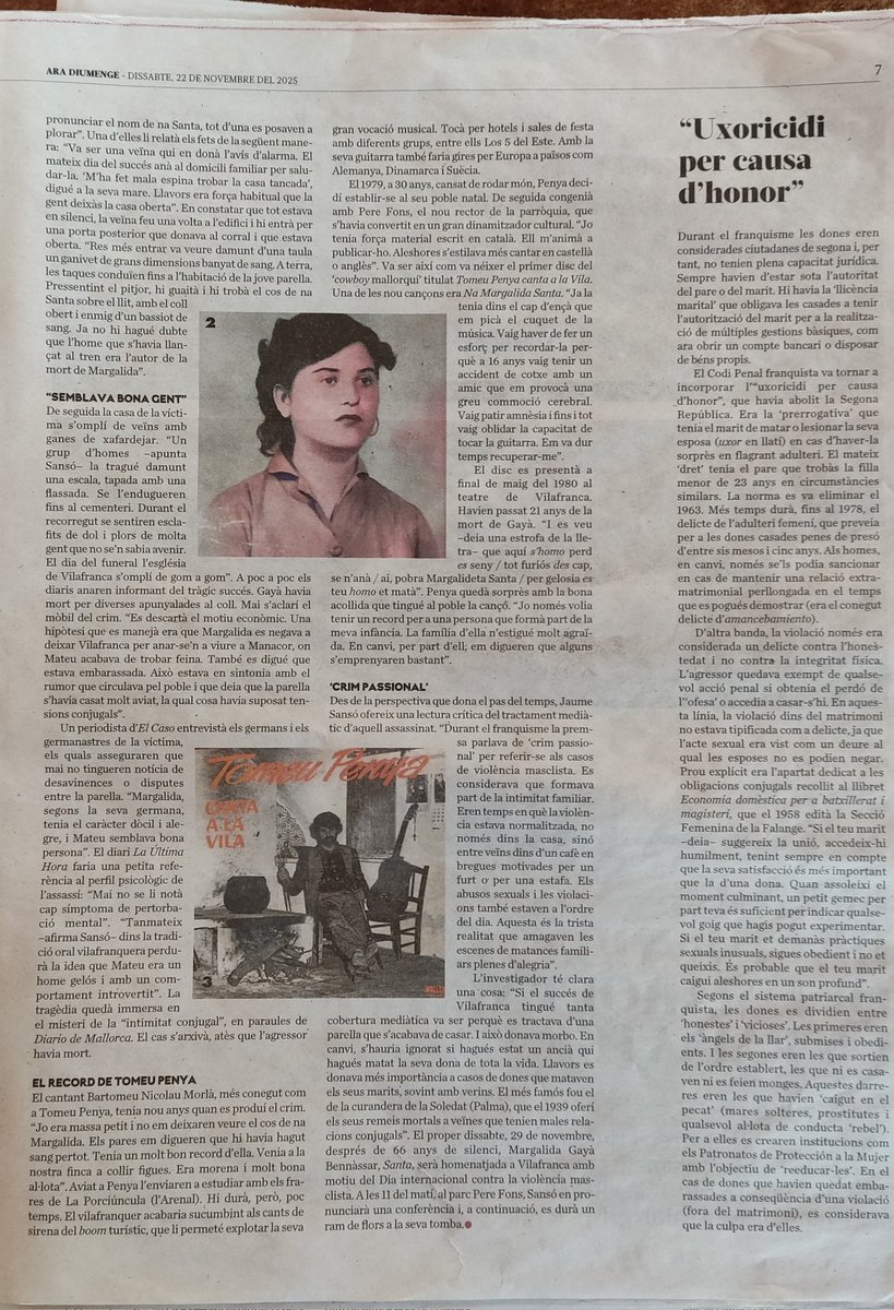 Estic molt agraït a <a href="/BatecsClassics/">Antoni Janer Torrens</a> pel seu article al <a href="/arabalears/">Diari ARA Balears</a> i el tractament que en fa sobre la investigació que vaig fer sobre l'assassinat masclista de la vilafranquera Margalida "Santa". El proper dissabte 29 de novembre, a les 11h., li retrem un homenatge a #Vilafranca