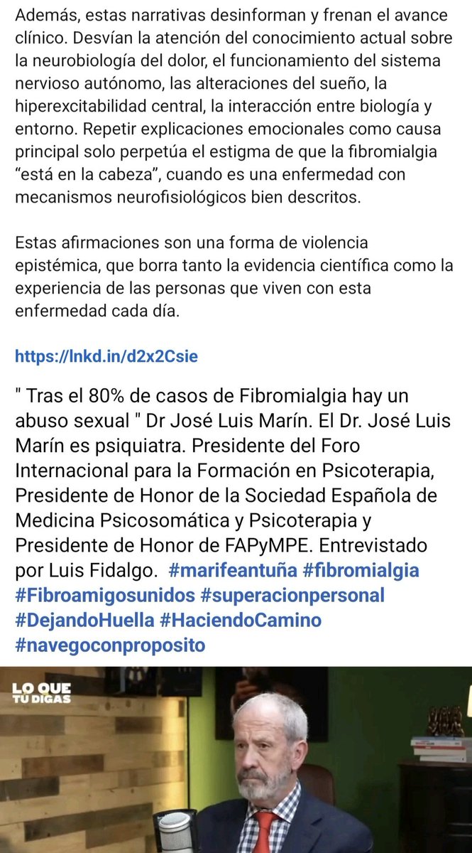 Paremos la desinformación en fibromialgia. 

Decir que “el 80% vienen de un abuso sexual”, es falso y una forma de violencia epistémica, que borra tanto la evidencia científica como la experiencia de las personas que viven con esta enfermedad cada día.