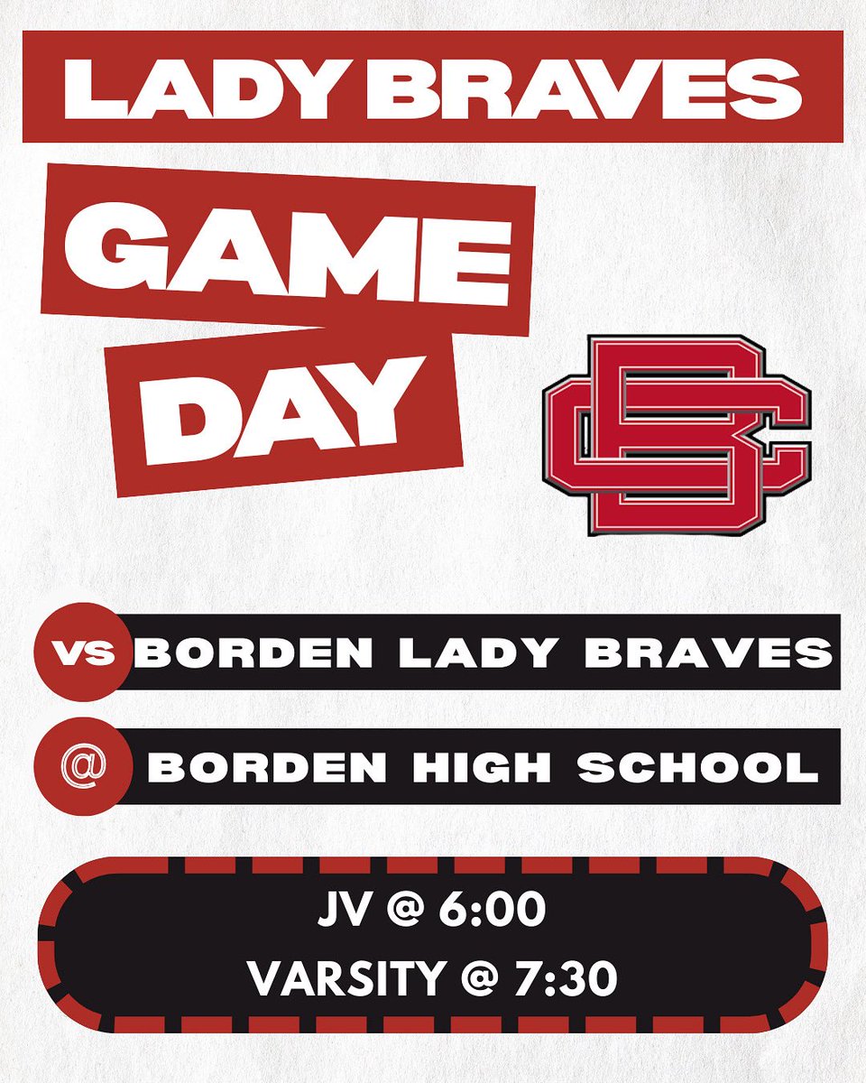 GAMEDAY! The Lady Braves are on the road to play the Borden Lady Braves this evening. JV at 6:00 with varsity to follow.