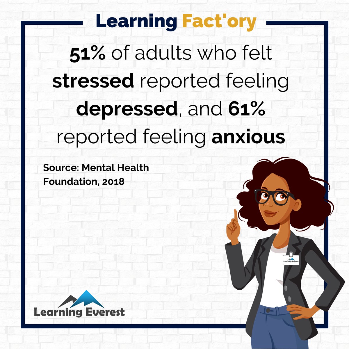 LearningEverest's tweet image. 51% of adults who felt stressed reported feeling depressed, and 61% reported feeling anxious.
Source: Mental Health Foundation, 2018

#MentalHealthAwareness #StressAndAnxiety #WorkplaceWellbeing #LearningFactory #LearningEverest