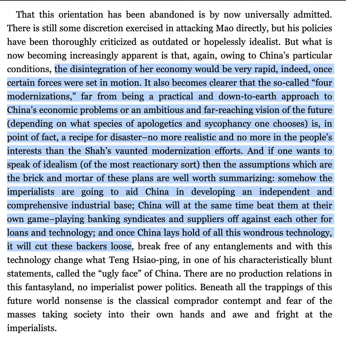 邓小平（以及他的同志们，比如习近平之父、经济特区之父习仲勋）对危险的预见竟如此正确，真是令人难以置信。“没错，帝国主义的本质就是：帝国主义者统治，帝国主义者为帝国主义者服务……但帝国主义者是愚昧的。”