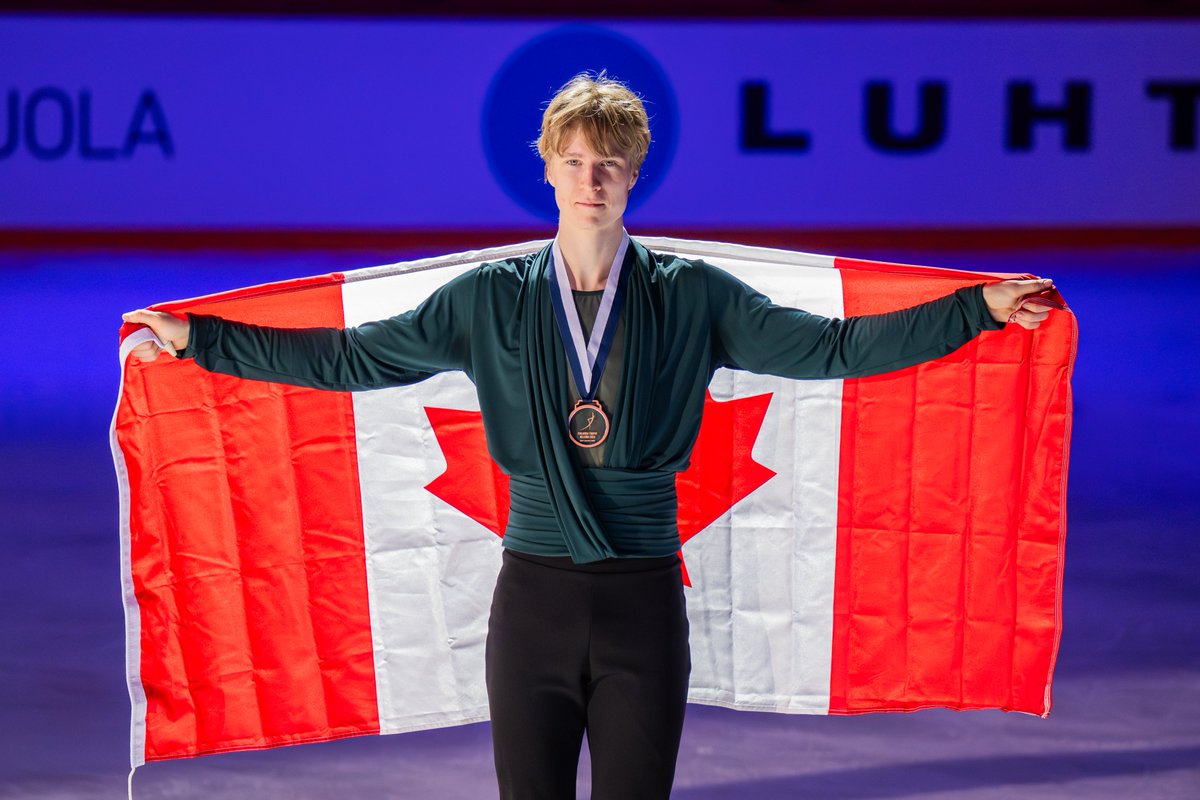 SkateCanada's tweet image. A MILESTONE MOMENT! 🥉

Stephen Gogolev delivers two standout skates to claim BRONZE at Finlandia Trophy - his first #GPFigure medal! 🙌