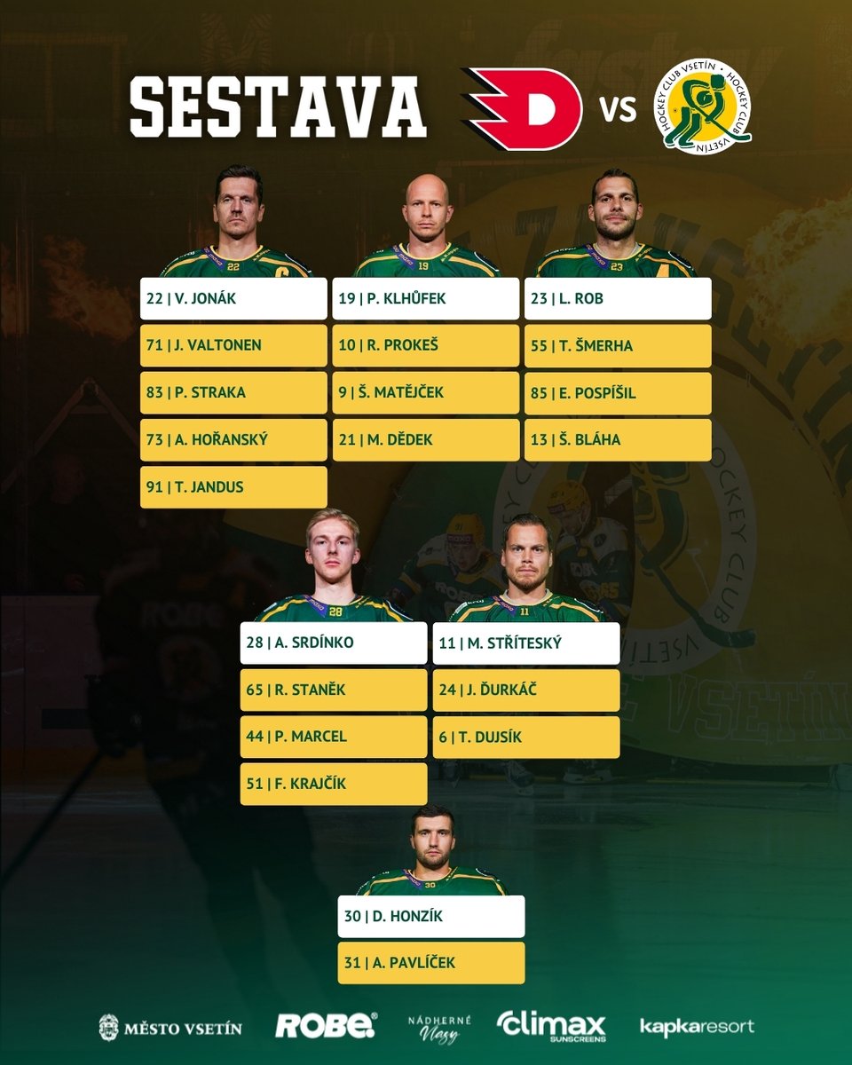 V tomto složení nastoupíme k dnešnímu utkáni! 💪
🤕 Zranění: Ondřej Slováček