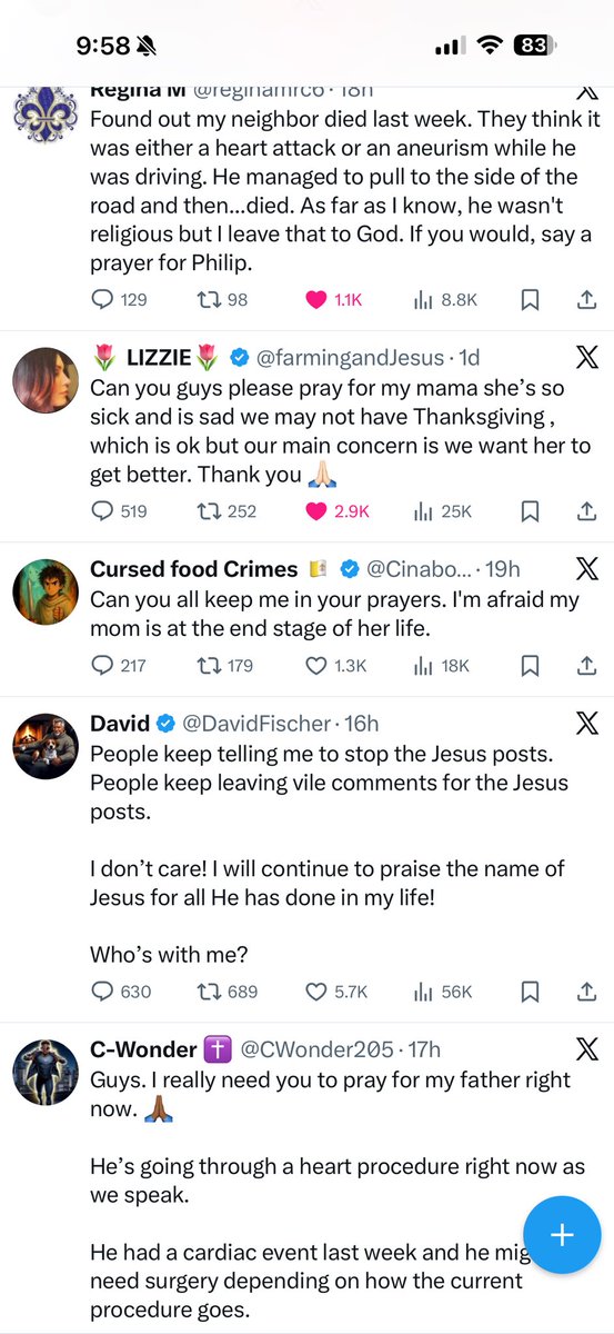 I liked and prayed for a couple of people through their posts, and all of a sudden my whole timeline is full of people needing prayers. 

What a privilege it is to have access to a platform like this and enough health to pray for others.