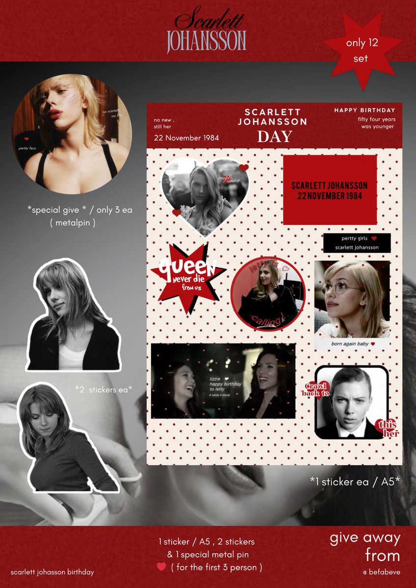 ─⠀ give away , 
scarlett johansson  ❤︎

1 sticker / ea ( A5 )
2 stickers die cut 
* special give only 3 person *
( metal pin )

⚠️ only 12 set ⚠️
( shipping for free )
gg from : 25 nov / 18:10 pm