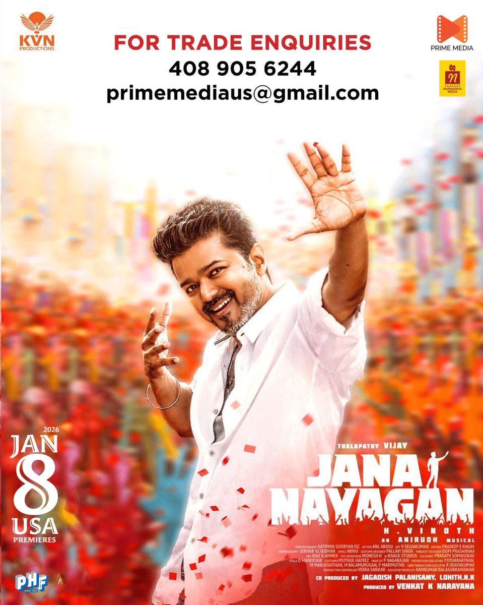 PrimeMediaUS's tweet image. Join hands, let’s be together to celebrate #OneLastTime

Interested in exhibiting #JanaNayagan in your city? let’s discuss to make it huge

#ThalapathyVijay #PoojaHegde #BobbyDeol #Anirudh #VinothH