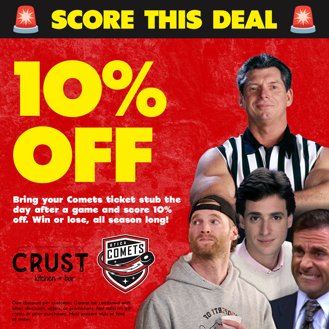 CrustKitchenBar's tweet image. 🥅🏒 The Utica Comets hockey season is going on now! Celebrate with CRUST!

After every Utica Comets home game (Win or lose!), bring your ticket stub or season pass to Crust the next day and receive 10% off your order.

#GoComets #UticaComets #CrustKitchenBar