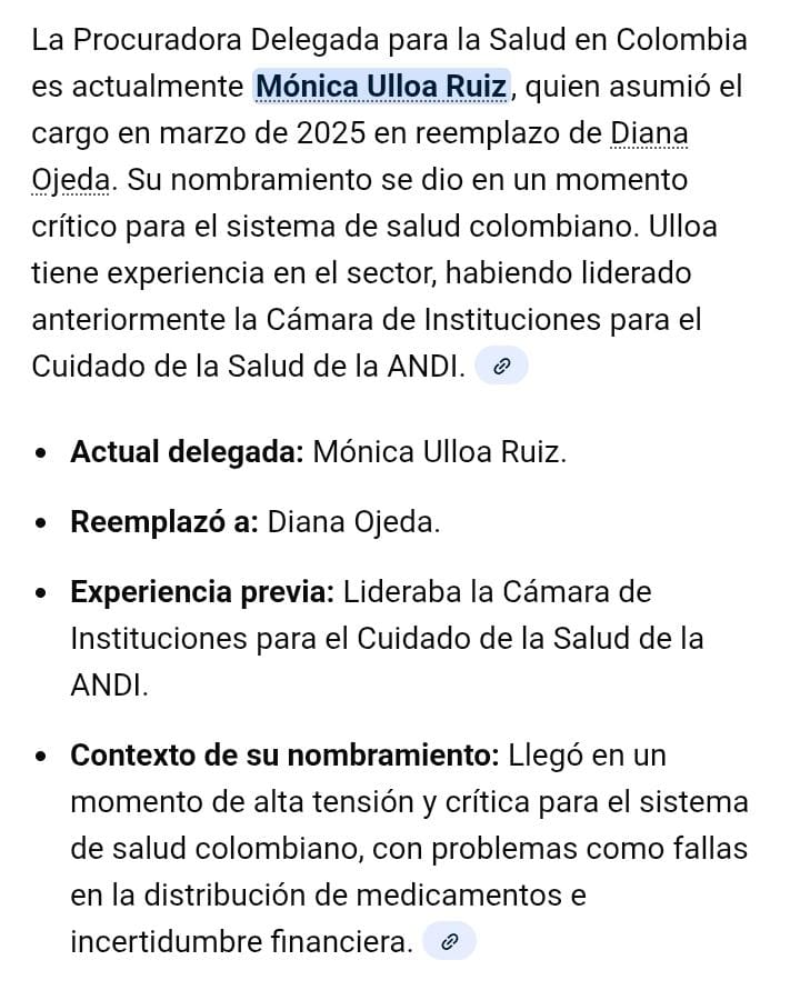 🚨🚨🚨Cositas que se van descubriendo.

Mi amigo Bruce de la ANDI logra que la delegada de salud de la Procuraduría sea el reemplazo que le dio a Ana Maria Vesga cuando paso a ACEMI, así logramos que el malo siempre sea el gobierno, que papaya. Las EPS tienen delegada propia en