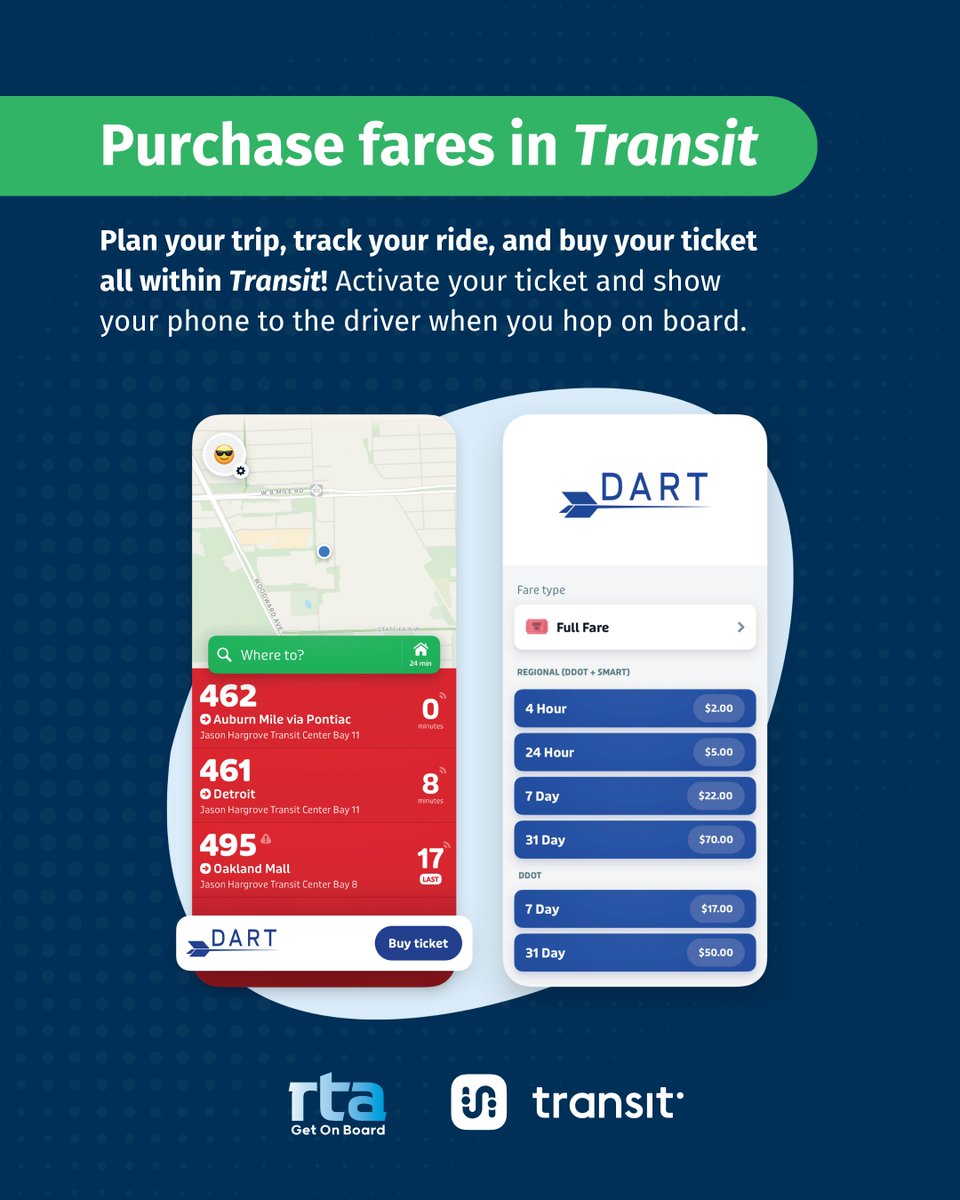 RTAmichigan's tweet image. You can now pay your bus fare using the Transit app! Click on the &quot;Buy ticket&quot; button, purchase your pass, activate it, and show the driver your screen. Then you&apos;re on your way!

You can plan, track, and pay for transit in one place. Learn more at rtamichigan.org/transitapp.