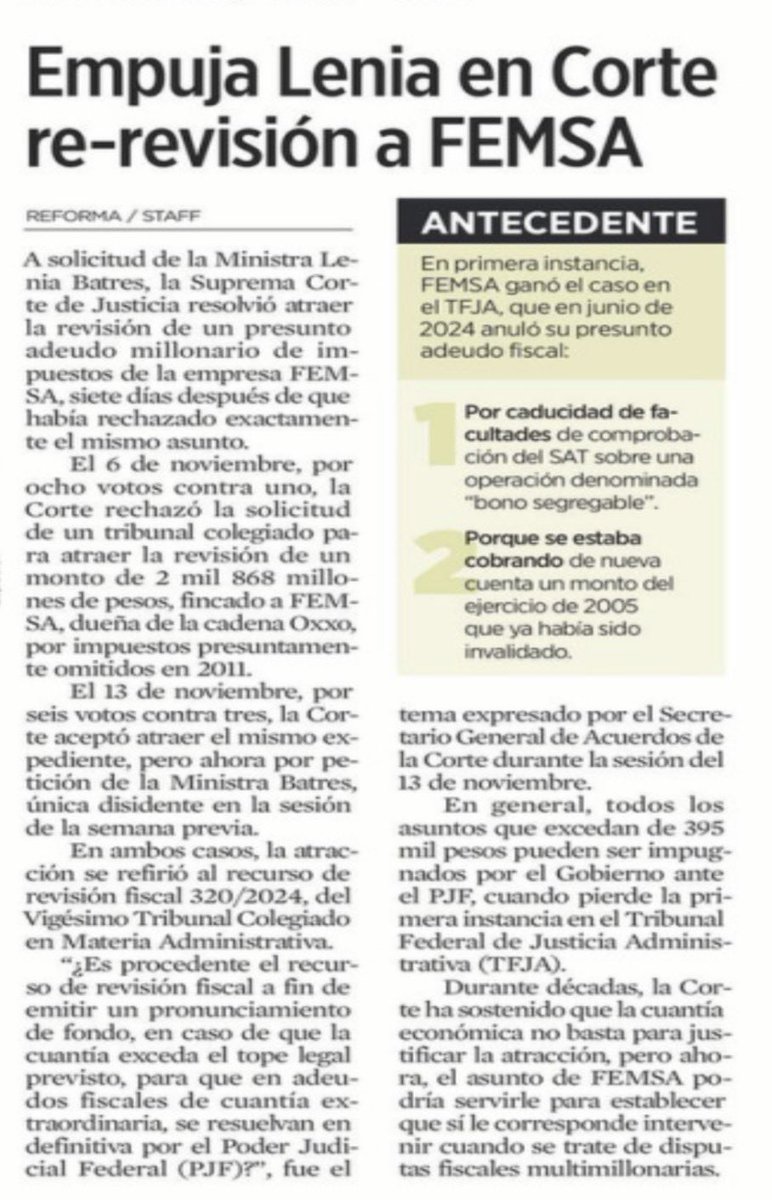 🚨 Lenia Batres forza a la Corte a reabrir un caso que ya se había rechazado: la revisión fiscal contra FEMSA. Un expediente que el SAT perdió por caducidad y cobros indebidos… y que ahora quieren revivir a la mala. Otra señal de cómo este régimen usa el Poder Judicial para