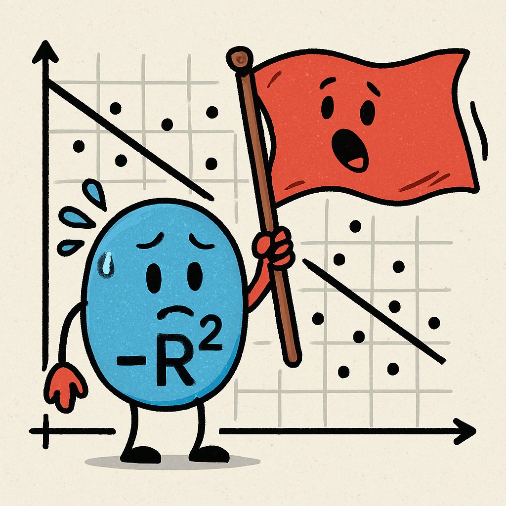 LetIt_BNoted's tweet image. *** Negative R-squared and Related Concepts ***
A negative R-squared (R²) value is a curious concept in the world of statistics—it’s not common, but when it shows up, it’s waving a red flag. Here’s what it’s tied to conceptually:

Related Concepts in Statistics 
1. Model Fit and…