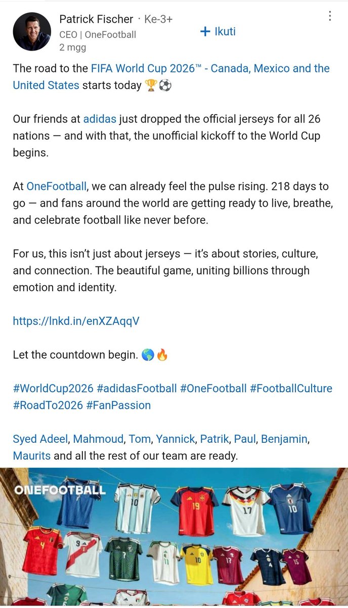 web3nara's tweet image. CEO Patrick Fischer of @OneFootball said on his LinkedIn account
The @ofc_the_club roadmap will lead to the World Cup 2026.

So aren&apos;t you very BULLISH on $OFC... 
We are just waiting for 3.5 billion football fans to enter the blockchain.

Billions $OFC 🚀

#OFC #OneFootball