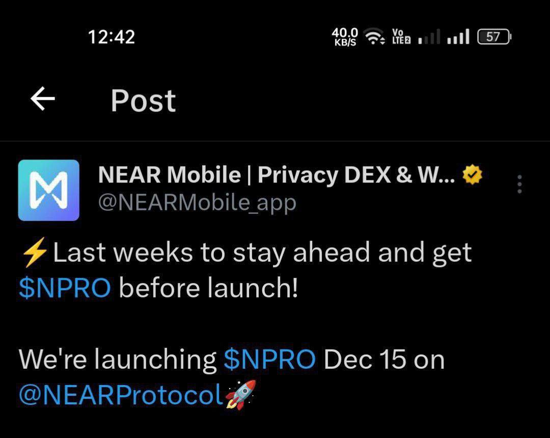 DropintelX's tweet photo. Near Mobile ($NPRO) is officially launching on December 15th 🚀
Big momentum incoming—early believers might soon reap the rewards 👀

Are you ready for the next mobile-powered wave in crypto? 📱🔥

#NPRO #NearMobile #CryptoLaunch #Web3Community https://t.co/2fbuED1tul