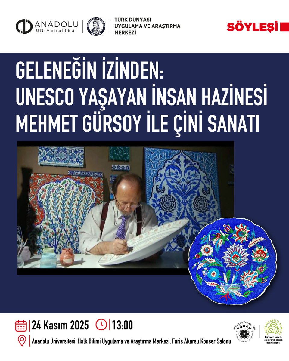 Unesco tarafından “Yaşayan İnsan Hazinesi” unvanına layık görülen ünlü çini sanatçısı Mehmet Gürsoy Eskişehir,  Anadolu Üniversitesinde söyleşi gerçekleştirecektir. 

Söyleşi

📅 24.11.2025

⏰13:00

📍Anadolu Üniversitesi Halk Bilimi Uygulama ve Araştırma Merkezi, Faris Akarsu
