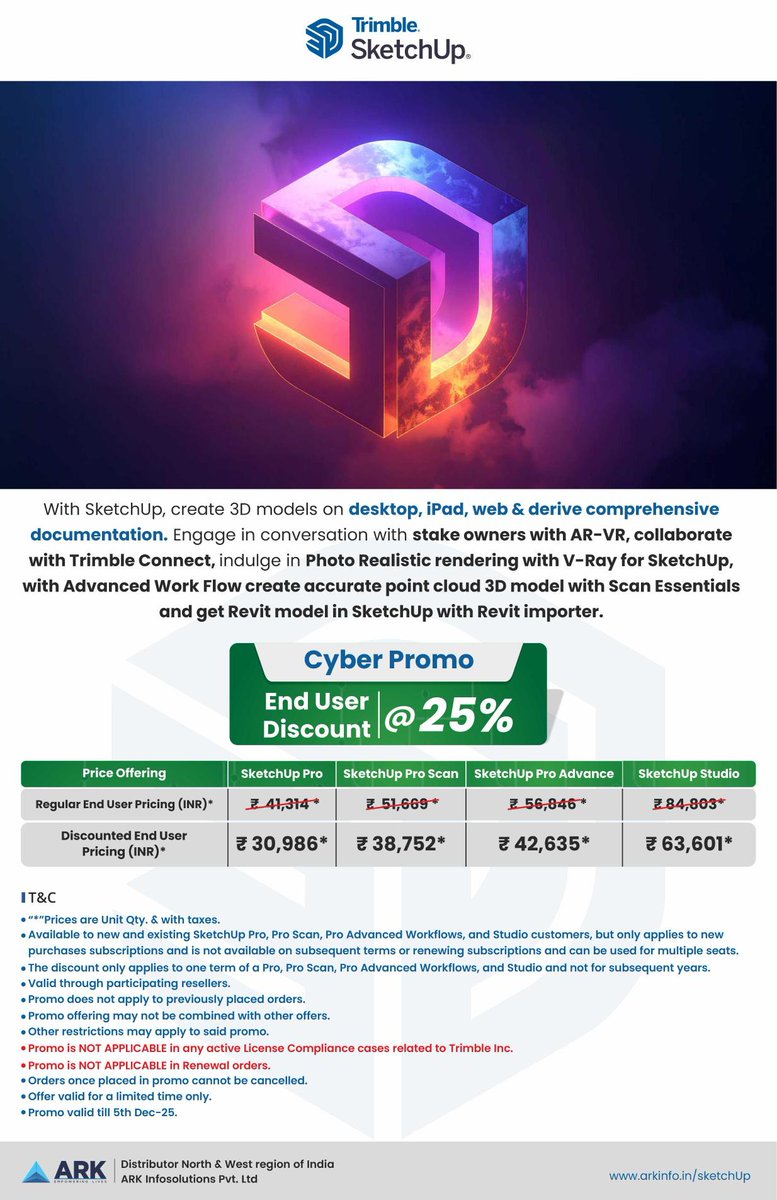 arkinfosolution's tweet image. Cyber Week: Save 25% on Trimble @SketchUp!

Get 25% off Pro, Pro Scan, Advanced Workflow &amp;amp; Studio until Dec 5.
Trusted 3D modeling tools for professionals.

#3DModeling #DesignSoftware #ArchitectureDesign