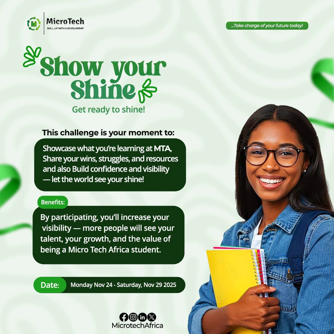 MicrotechAfrica's tweet image. There’s no better time to position yourself than now: Show Your Shine.

An opportunity for you to show who you are, what you&apos;ve been working on, and how far you&apos;ve come.

Full details and guidelines will be shared as we progress.