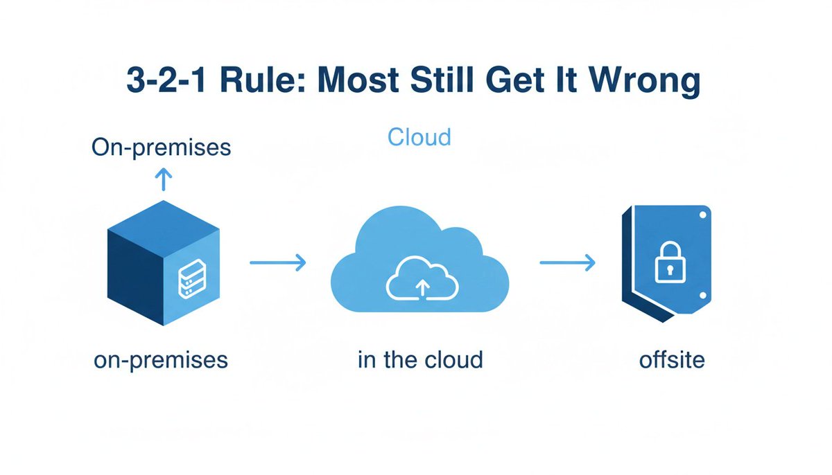 dimmerondata's tweet image. 95% of breaches? Due to bad backups. The legendary 3-2-1 rule (3 copies, 2 types of storage, 1 offsite) is still botched daily; usually, backups only exist on-site. First step: test restores monthly, not yearly. We’ll show you how. #DisasterRecovery #TechTip