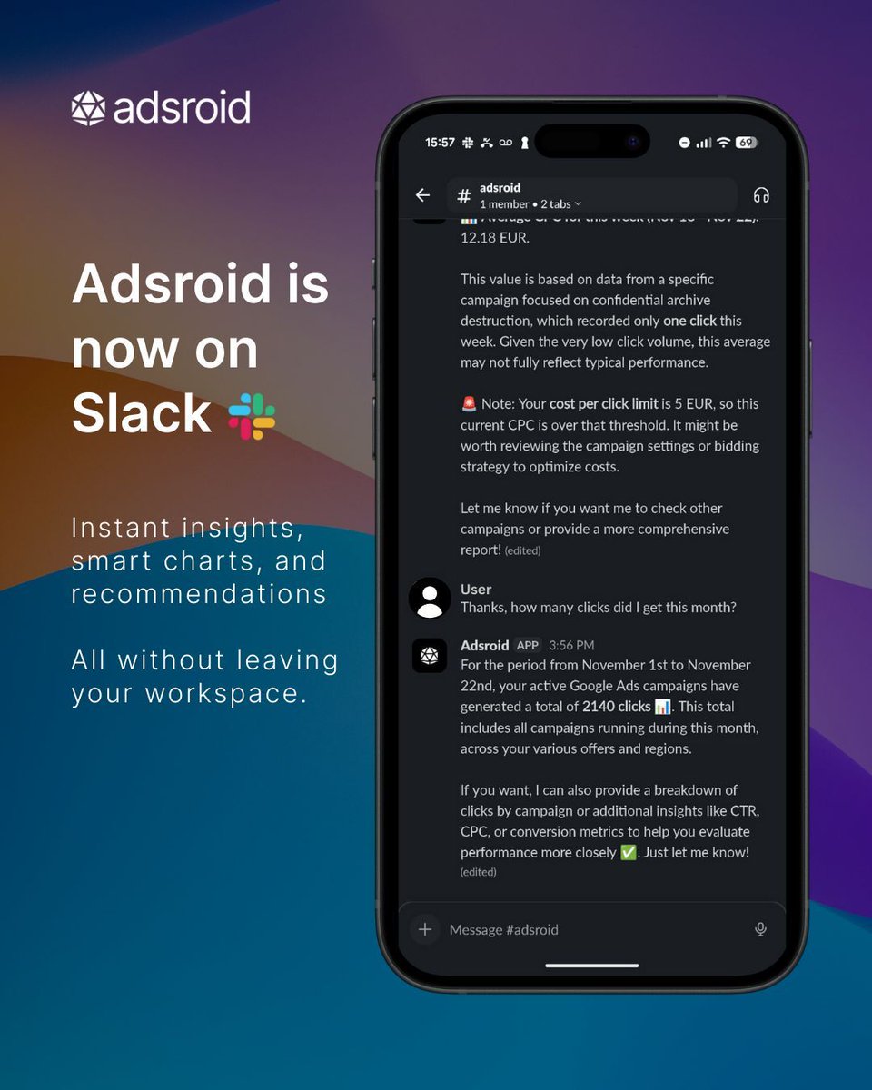 Adsroidapp's tweet image. 🚀 Adsroid is now available on Slack.

No more switching tools or tabs — your AI agent now lives directly inside your workflows.
Ask questions, get insights, approve recommendations… all from Slack.

#Adsroid #SlackIntegration #AIforMarketing #Automation #GoogleAds