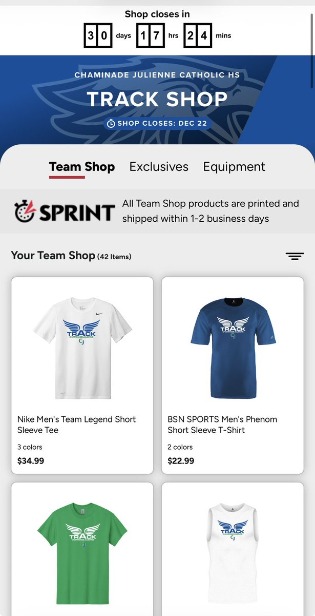 Get your Chaminade Julienne T&amp;F Apparel! 
All product will be shipped 1-2 business days, so don’t miss out! Shop closes December 22nd! #EaglesSoar 🦅🟢🔵
Link: bsnteamsports.com/shop/CGVG4CQme4