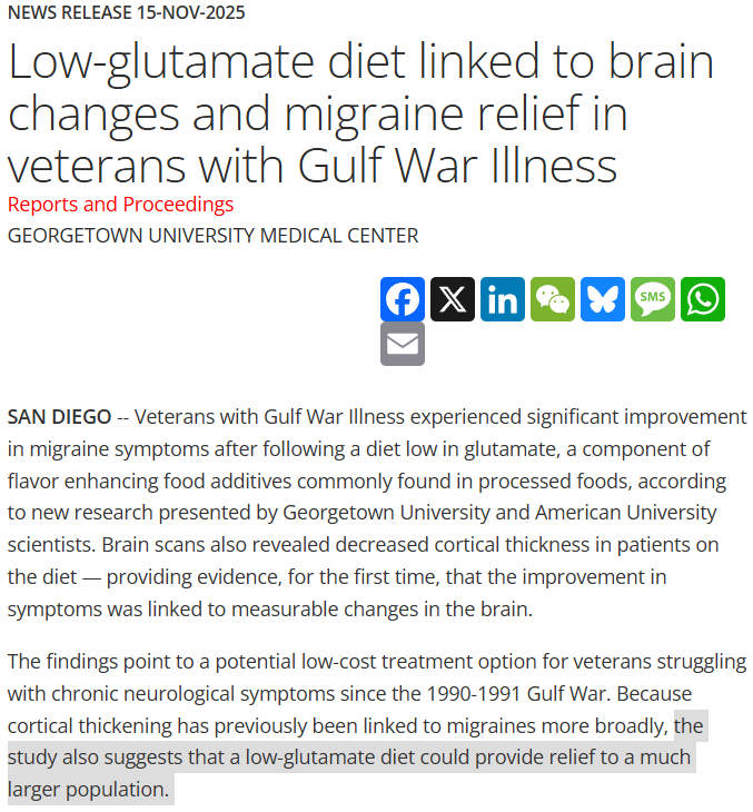 TomKindlon's tweet photo. News Release 15-Nov-2025
Low-glutamate diet linked to brain changes and migraine relief in veterans with Gulf War Illness
https://t.co/52tc5IG5tO
"raises the question of whether a low-glutamate diet could also benefit the wider population of migraine sufferers"
#GWI #migraine https://t.co/JQz09dgOo5