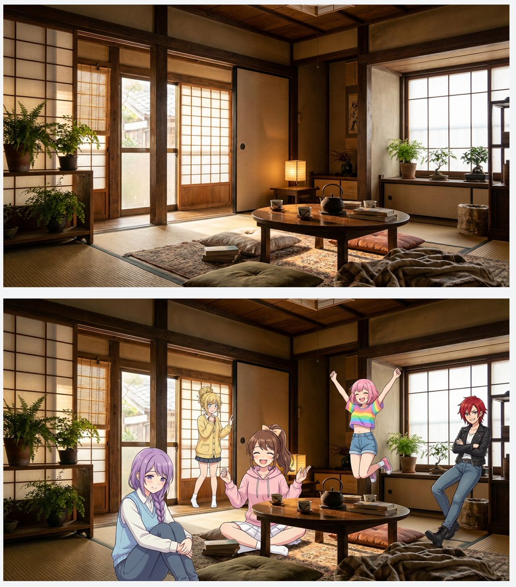 다음으로, Nano Banana Pro와 함께 작동하는 에이전트를 설계하는 데 매우 적합하다고 생각되는 몇 가지 예를 살펴보겠습니다.

 첫째, 애니메이션 캐릭터와 현실적인 장면을 결합했으며, 여러 캐릭터가 등장하여