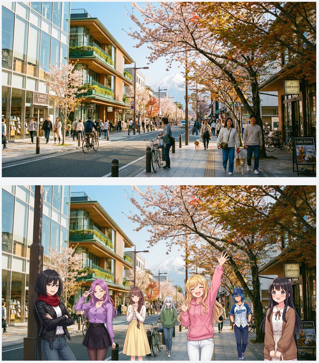 다음으로, Nano Banana Pro와 함께 작동하는 에이전트를 설계하는 데 매우 적합하다고 생각되는 몇 가지 예를 살펴보겠습니다.

 첫째, 애니메이션 캐릭터와 현실적인 장면을 결합했으며, 여러 캐릭터가 등장하여