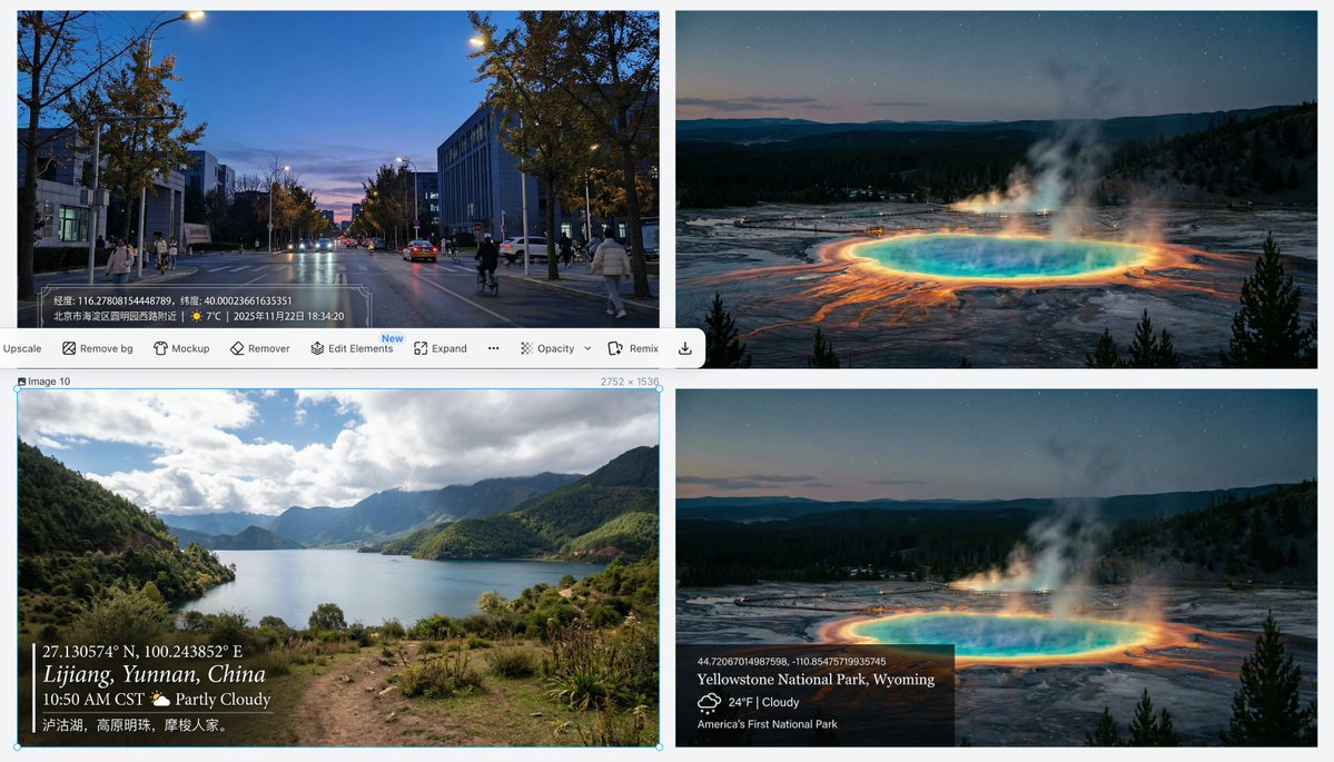 다음 사례도 매우 흥미롭습니다. 나노 바나나 프로는 실시간 정보를 검색할 수 있기 때문에 특정 장소의 정확한 위치, 날씨, 시간 및 기타 정보를 알고 있습니다.

 DeepMind에서 영감을 얻어 위도와 경도에서 바