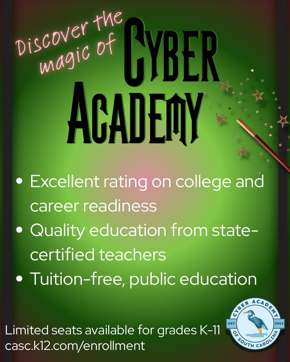 CyberAcademySC's tweet photo. CASC has limited seats available for the spring semester for grades K-11. You have options, even in the middle of the year! Discover the magic of CASC 🪄

https://t.co/FUSodtrh2K https://t.co/Bok6PXhEMx